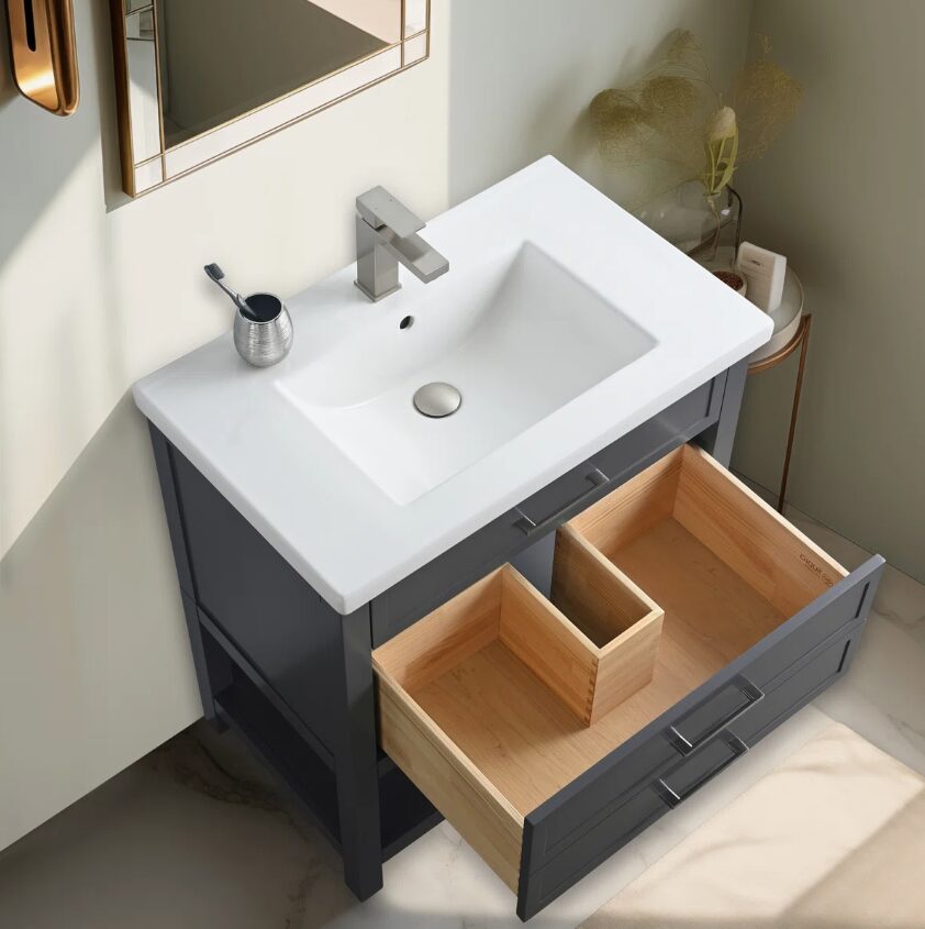 2 Minimalist Dark Grey All-in-One Bathroom Vanity Cabinet with Open Storage