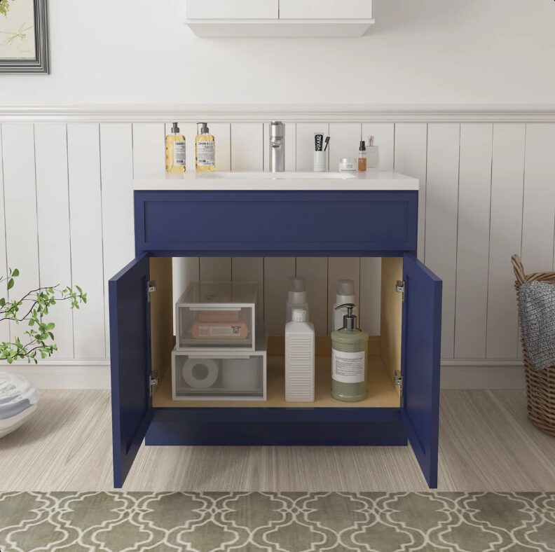 Modern Navy Shaker Vanity Base Cabinet for Custom Countertop Bathroom Remodel Projects