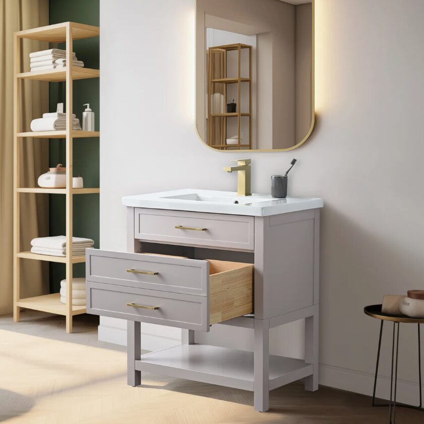 2 Compact Light Gray Single Sink Vanity for Small Guest Bathrooms