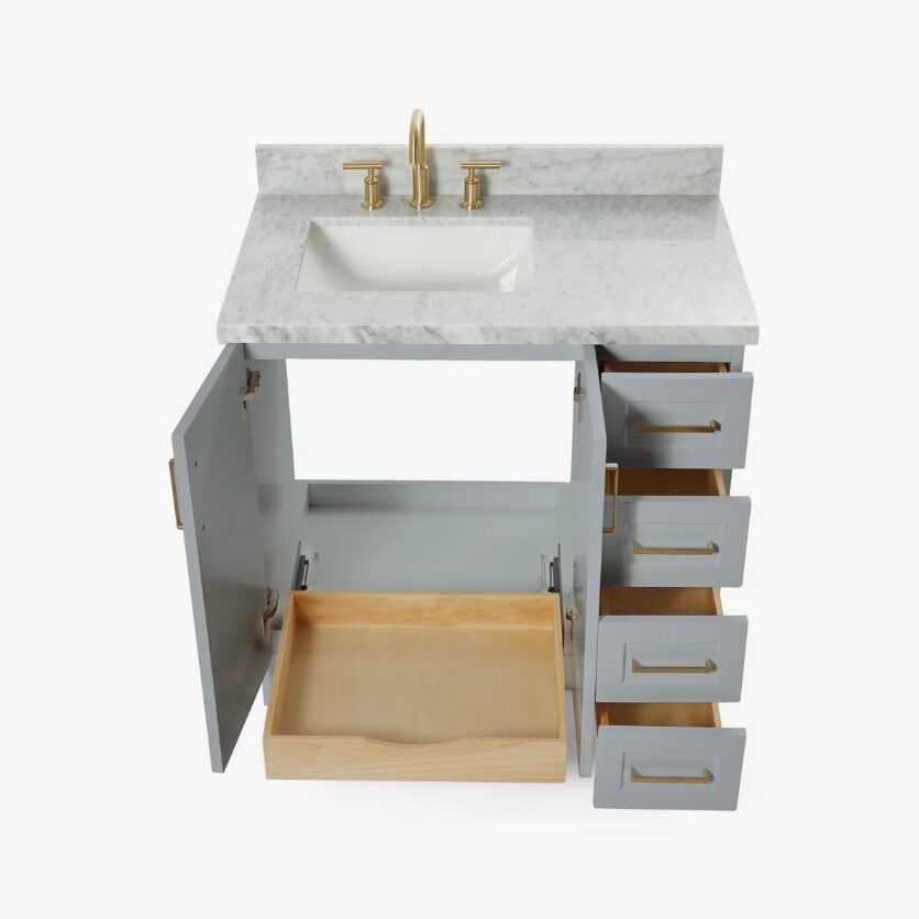 Transitional Light Gray Bathroom Vanity with Soft Close Doors, 4 Drawers & Brushed Gold Hardware