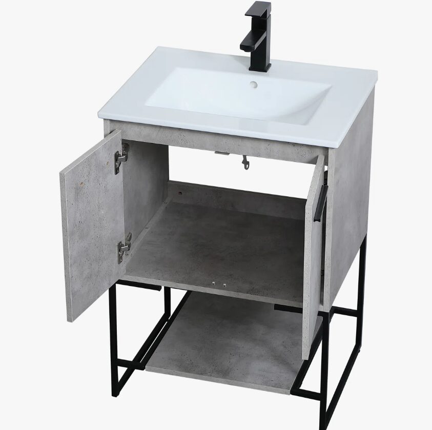 2 24 Inch Concrete Gray Industrial Freestanding Bathroom Vanity with Metal Frame