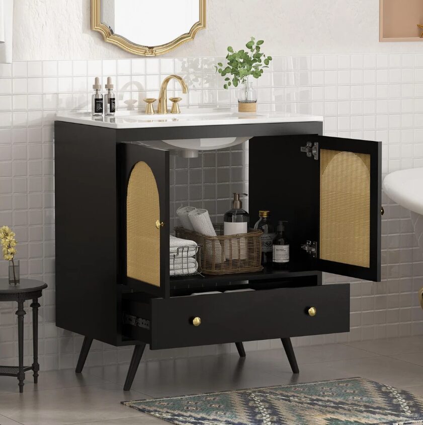 2 30 Inch Black Mid-Century Rattan Freestanding Single Sink Bathroom Vanity with Gold Knobs