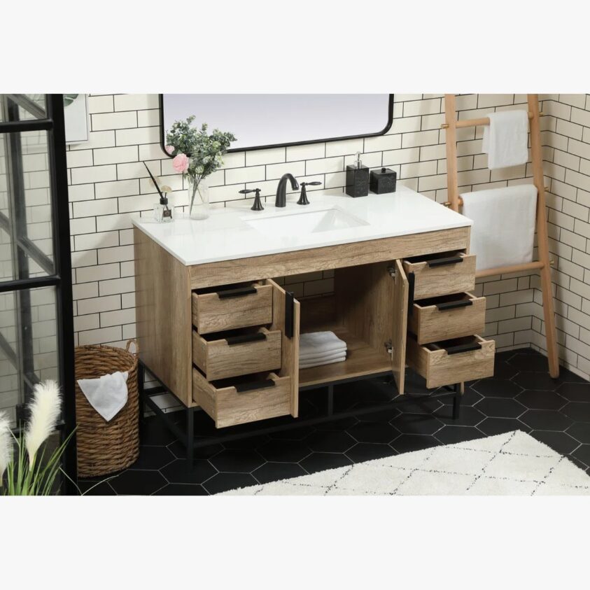 48 Inch Rustic Oak Freestanding Bathroom Vanity with Matte Black Metal Frame