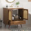 2 30 Inch Walnut Mid-Century Rattan Single Sink Bathroom Vanity with Gold Knobs