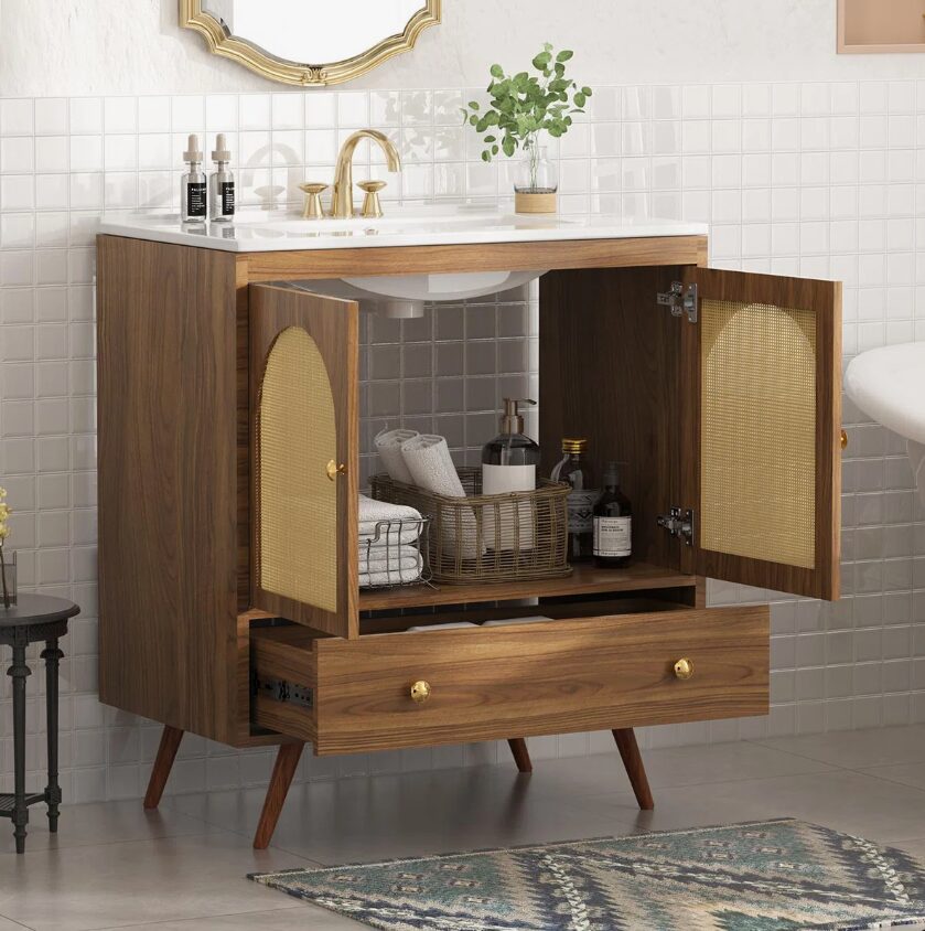 2 30 Inch Walnut Mid-Century Rattan Single Sink Bathroom Vanity with Gold Knobs