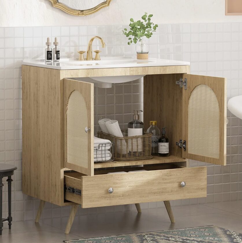 2 Arched Rattan Door Mid-Century Modern Bathroom Vanity Cabinet