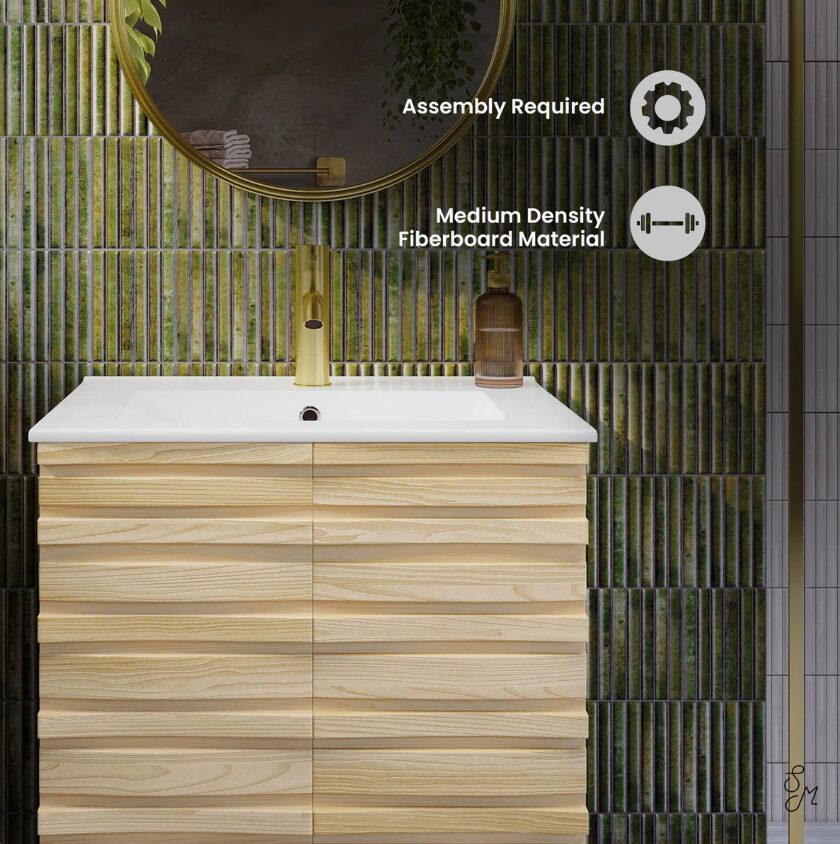2 Handleless Slat Front Modern Light Wood Single Sink Vanity Cabinet