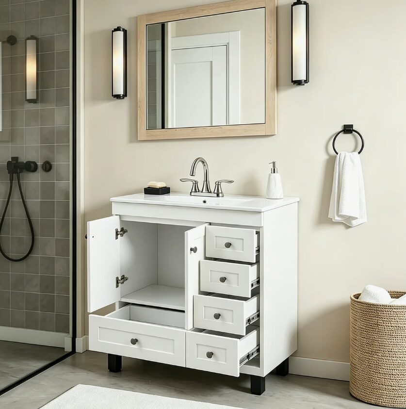 Classic White Shaker Vanity with Integrated Ceramic Sink for Bathrooms