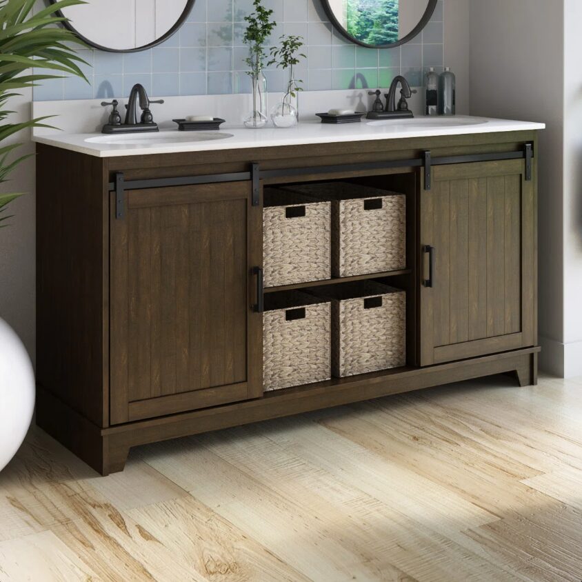 Dark Oak Double Sink Bathroom Vanity with Open Central Storage Space