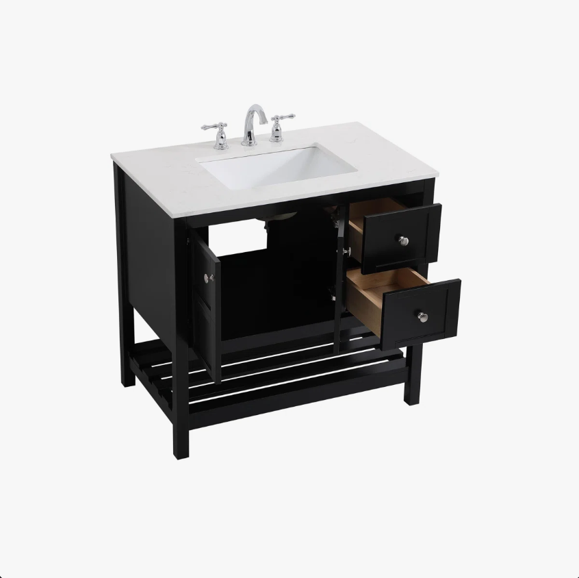 2 Farmhouse Black Shaker Single Sink Vanity Cabinet with Bottom Storage Shelf