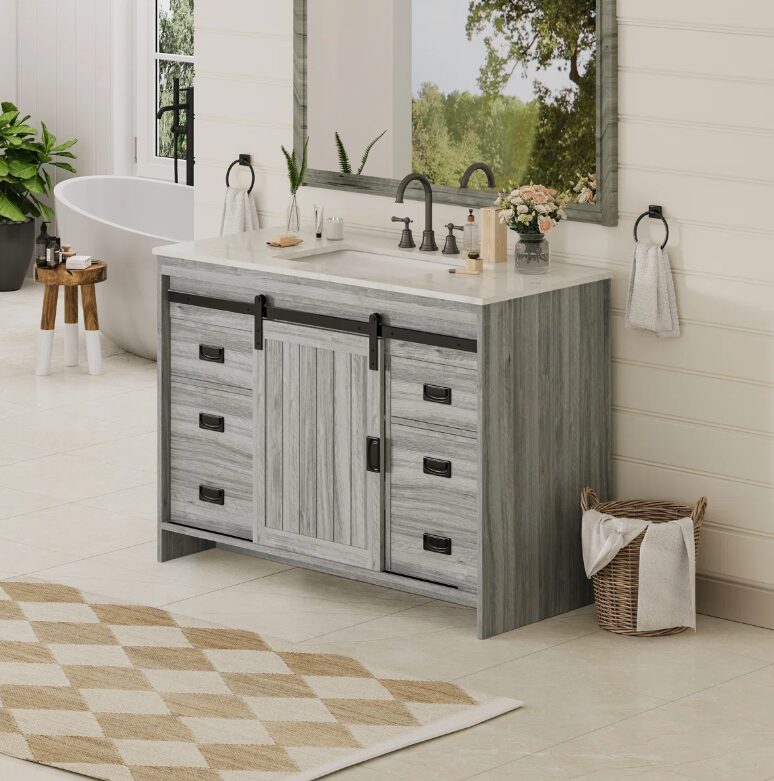 2 48" Grey Wood Farmhouse Bathroom Vanity with Single Sink Top for Master Bath Remodel