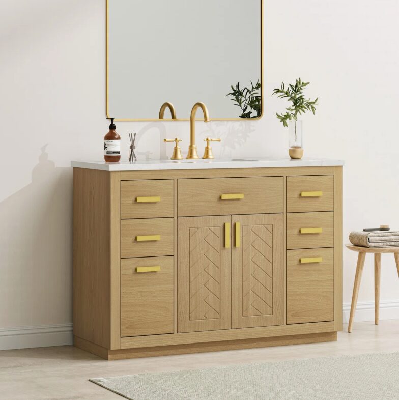 48 Inch Natural Oak Herringbone Bathroom Vanity Cabinet, 9 Storage Drawers & Soft Close Doors, Marble Countertop Undermount Sink Combo
