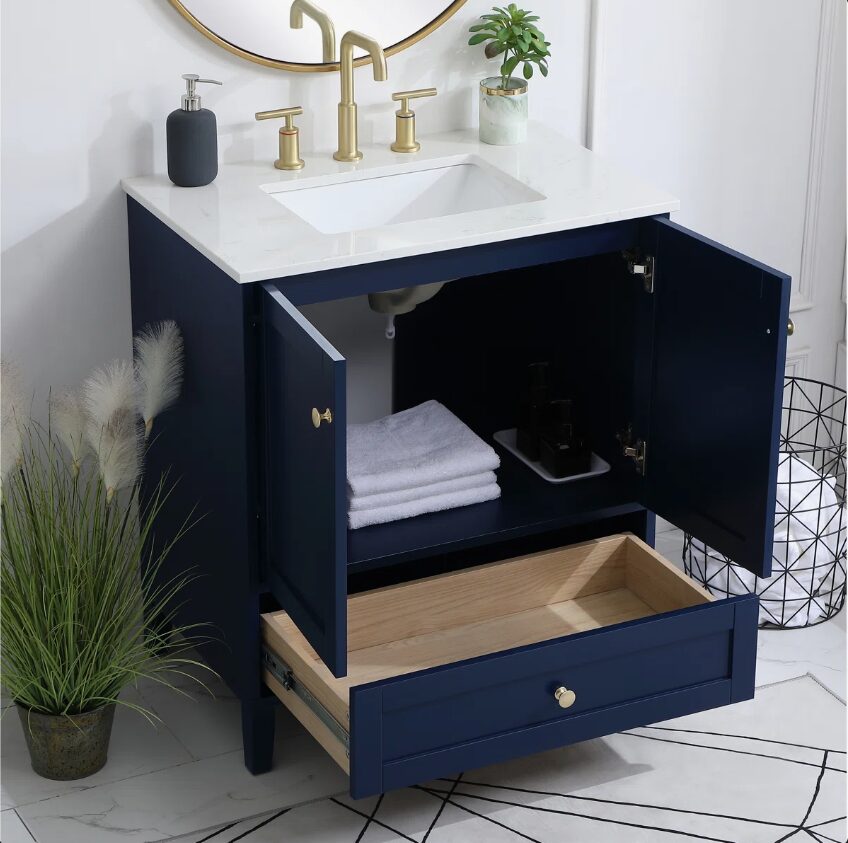 2 Farmhouse Navy Single Sink Vanity Cabinet with Storage Drawer & Soft Close Doors