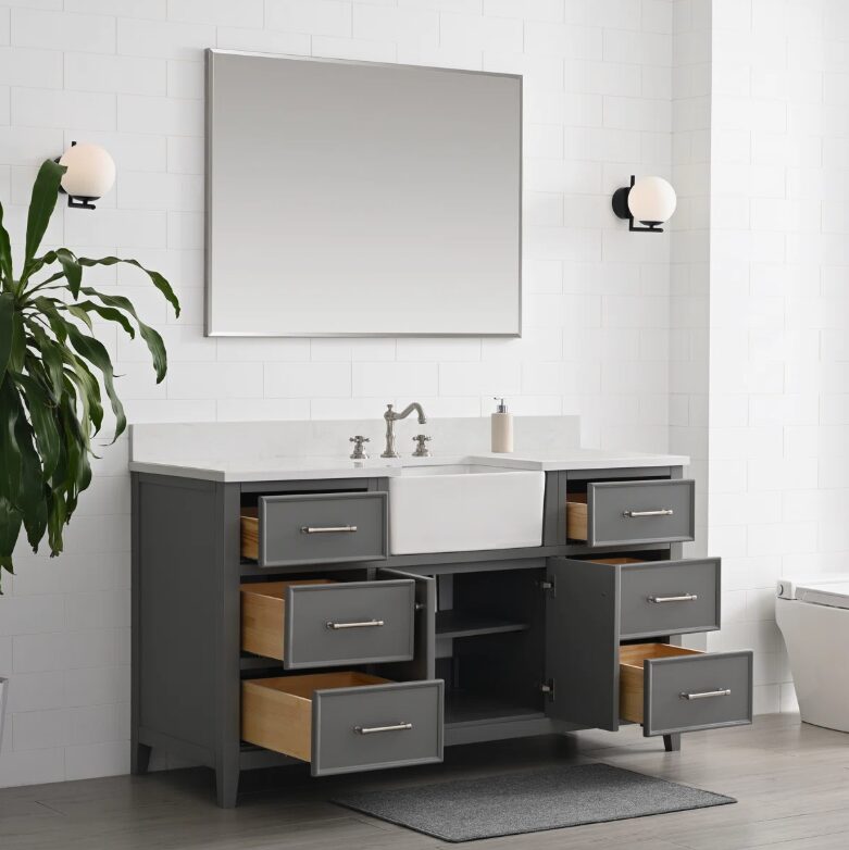 60 Inch Grey Farmhouse Single Apron Front Farm Sink Bathroom Vanity, White Quartz Countertop & Brushed Nickel Hardware