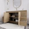 60 Inch Natural Oak Freestanding Single Undermount Sink Bathroom Vanity, White Quartz Top & Brushed Gold Hardware