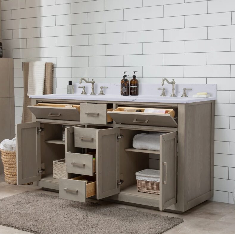 60 Inch Weathered Oak Double Undermount Sink Bathroom Vanity, White Marble Vein Quartz Top & Brushed Nickel Hardware