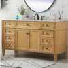 60 Inch Natural Pine Single Undermount Sink Bathroom Vanity, Carrara Marble Countertop & Matte Black Knobs