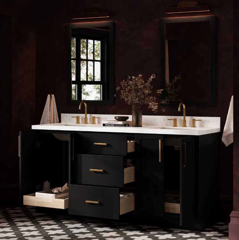 72 Inch Matte Black Shaker Double Undermount Sink Bathroom Vanity, White Marble Vein Quartz Top & Brushed Gold Hardware