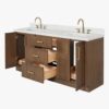 2 72 Inch Walnut Oak Shaker Double Undermount Sink Bathroom Vanity, White Quartz Countertop & Brushed Gold Hardware