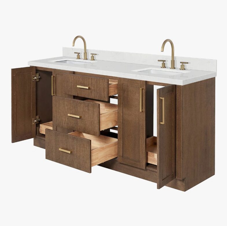 2 72 Inch Walnut Oak Shaker Double Undermount Sink Bathroom Vanity, White Quartz Countertop & Brushed Gold Hardware