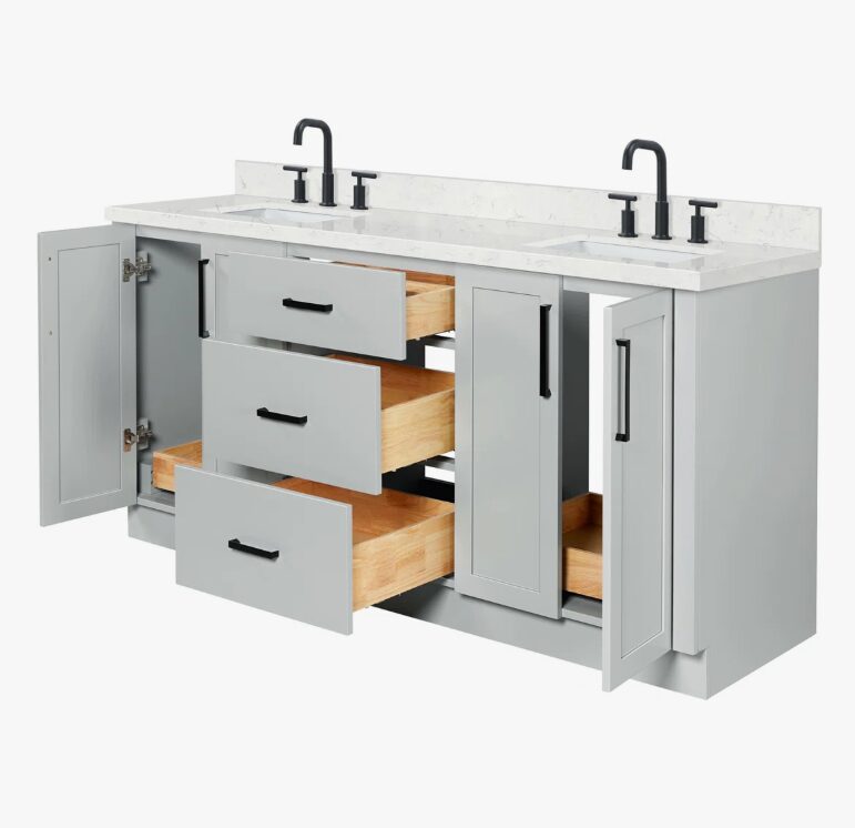72 Inch Light Gray Shaker Double Undermount Sink Bathroom Vanity, White Marble Vein Quartz Top & Matte Black Hardware