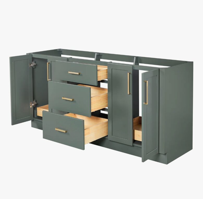 2 72 Inch Sage Green Shaker Double Undermount Sink Bathroom Vanity, White Quartz Countertop & Brushed Gold Hardware