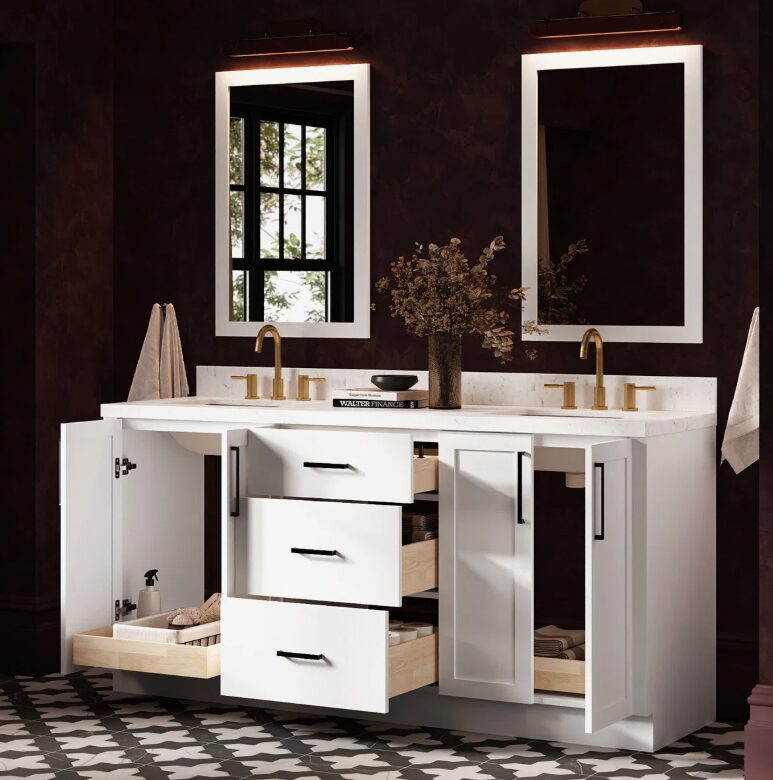 2 72 Inch Pure White Shaker Double Undermount Sink Bathroom Vanity, White Quartz Countertop & Matte Black Hardware