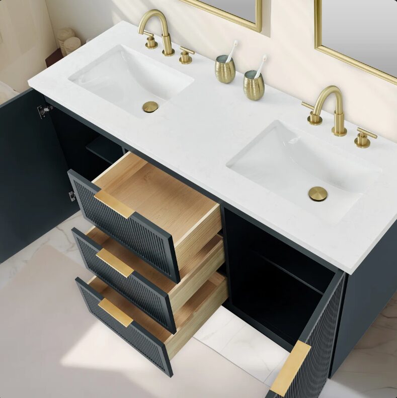 2 60 Inch Dark Navy Fluted Double Undermount Sink Bathroom Vanity, White Quartz Countertop & Brushed Gold Hardware