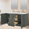 2 60 Inch Sage Green Fluted Double Undermount Sink Bathroom Vanity, White Quartz Countertop & Brushed Gold Hardware