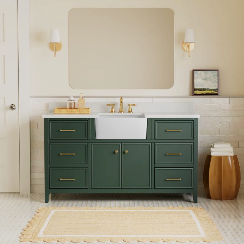 60 Inch Dark Green Farmhouse Single Farm Sink Bathroom Vanity, White Quartz Top & Brushed Gold Hardware