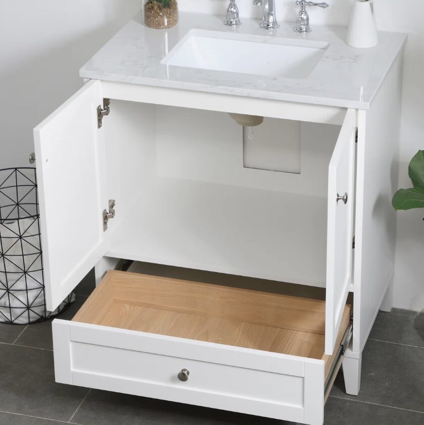 Transitional White Shaker Bathroom Vanity with Nickel Knobs & Undermount Sink