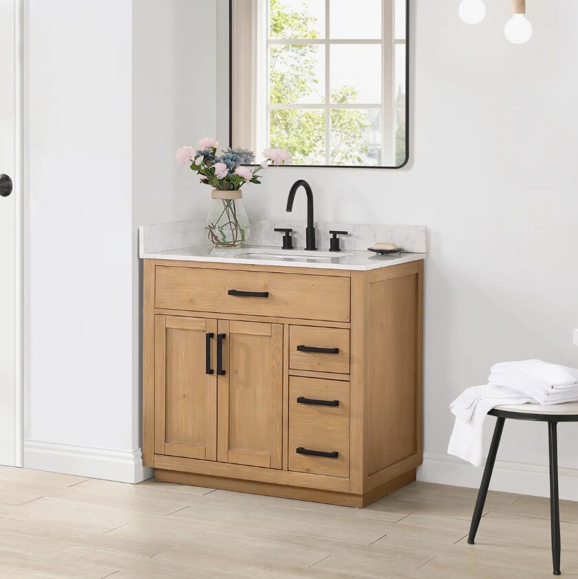 Natural Wood Single Sink Bathroom Vanity with Dovetail Drawers