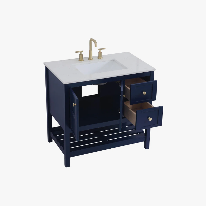 36 Inch Navy Blue Shaker Farmhouse Bathroom Vanity with Marble Top & Slatted Shelf