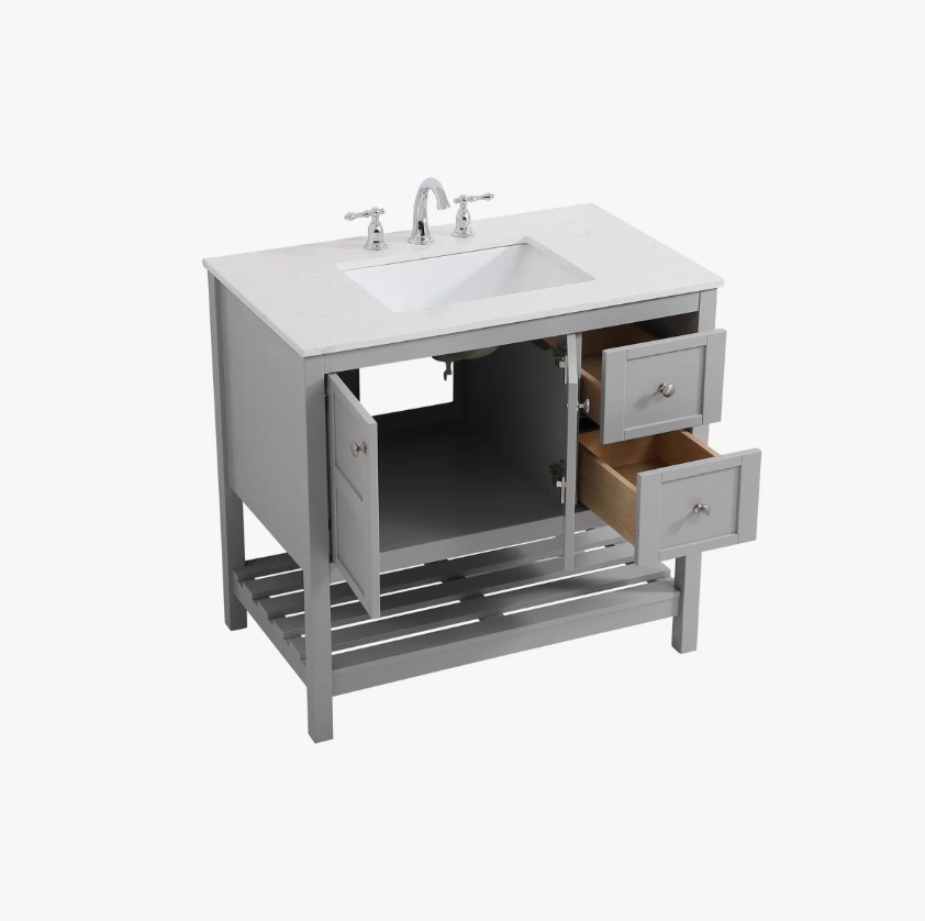Gray Shaker Single Sink Vanity Cabinet with Silver Knobs & Open Bottom Storage