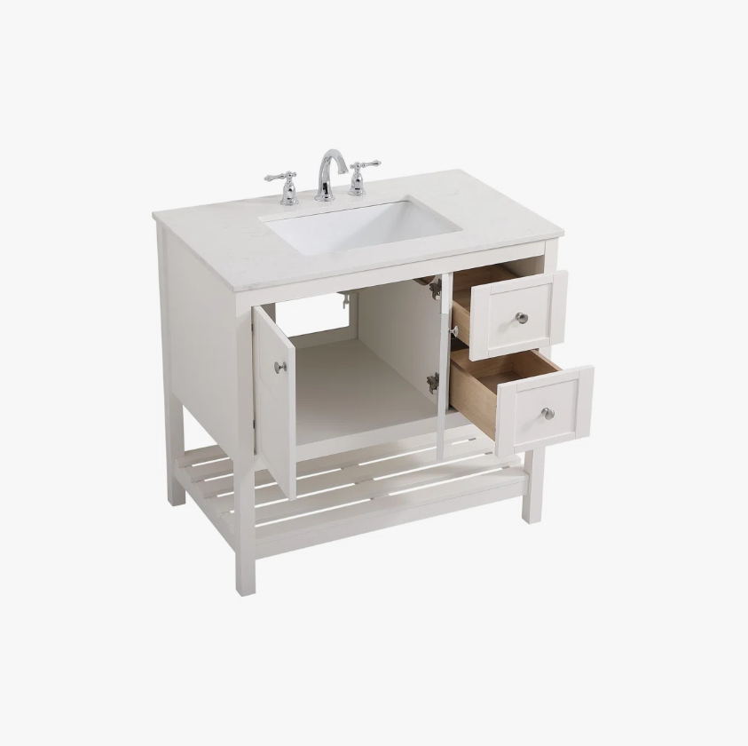 2 36 Inch White Shaker Farmhouse Freestanding Bathroom Vanity with Marble Top & Slatted Shelf