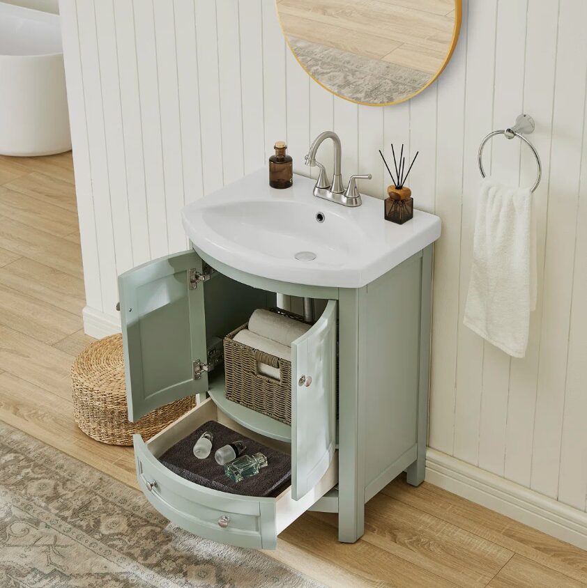 24 Inch Sage Green Curved Freestanding Bathroom Vanity with Ceramic Sink & Silver Knobs