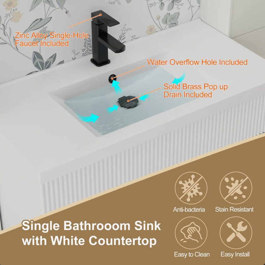 Modern White Bathroom Vanity with Soft Close Drawers & Doors