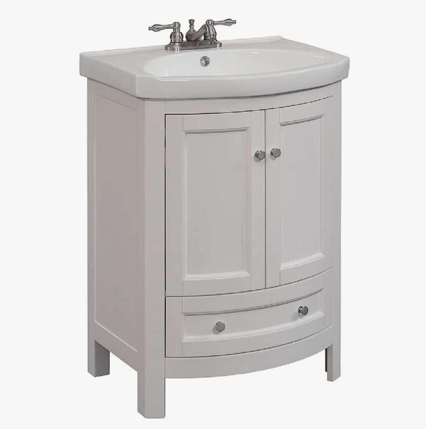 2 24 Inch Curved White Freestanding Bathroom Vanity with Integrated Ceramic Sink & Silver Knobs