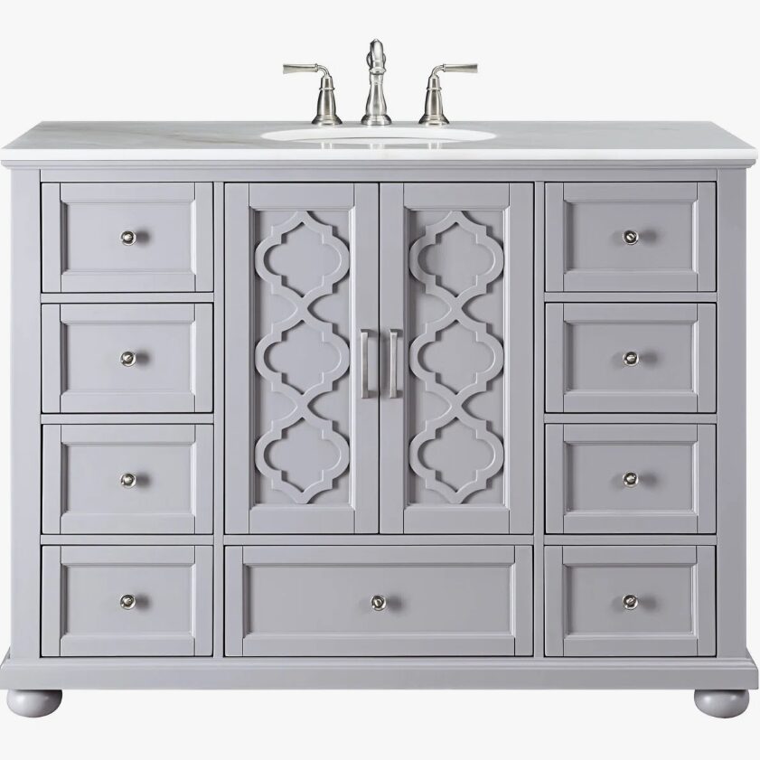 Transitional Gray Freestanding Single Sink Vanity with Decorative Cutout Cabinet Doors