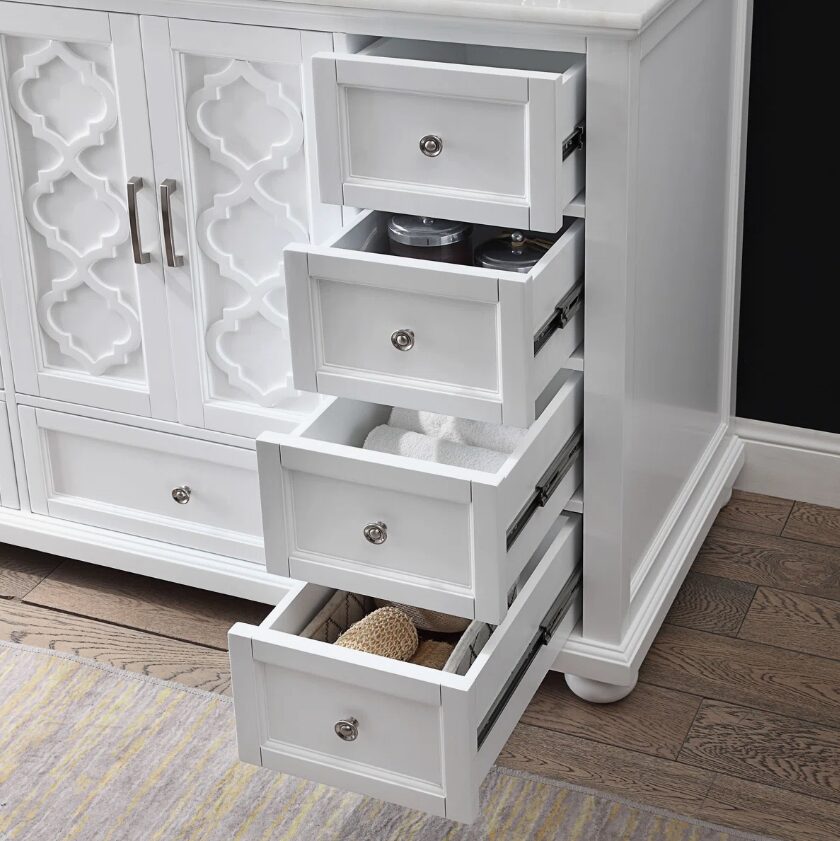 Freestanding White Single Sink Vanity with Decorative Cutout Cabinet Doors