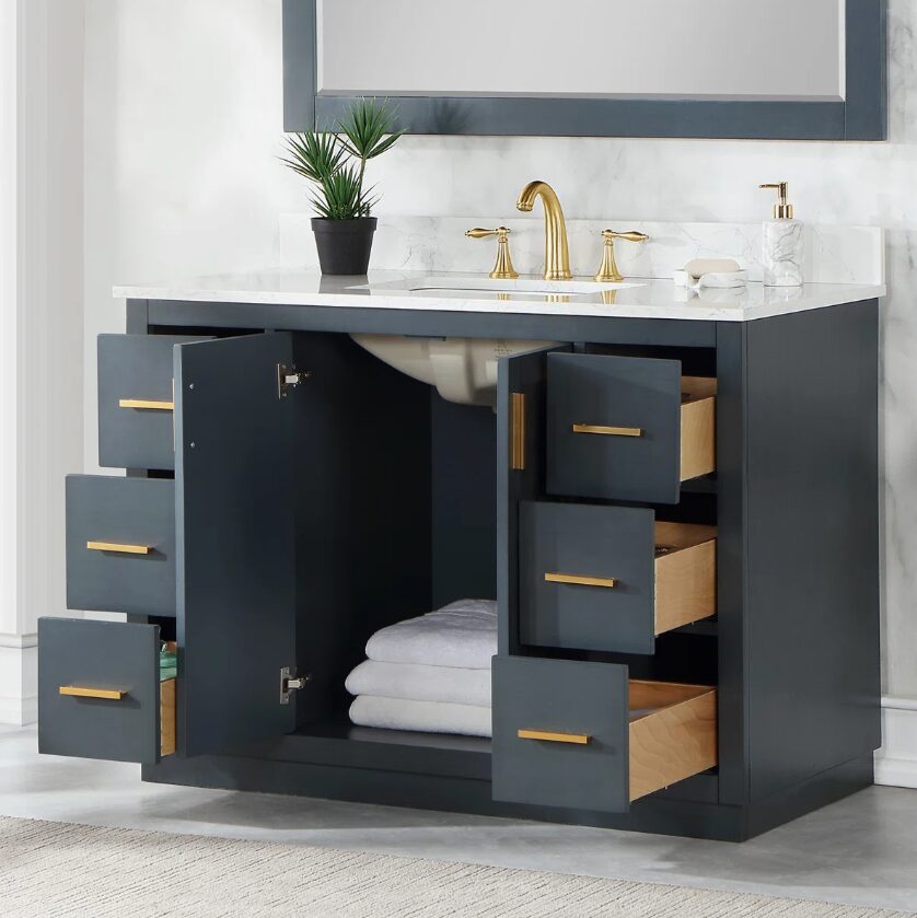 Modern Navy Wood Bathroom Vanity with Gold Hardware