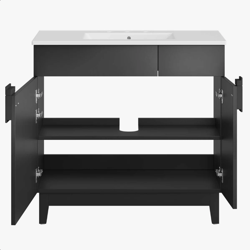 2 36 Inch Matte Black Modern Freestanding Bathroom Vanity with White Ceramic Sink & Geometric Handles