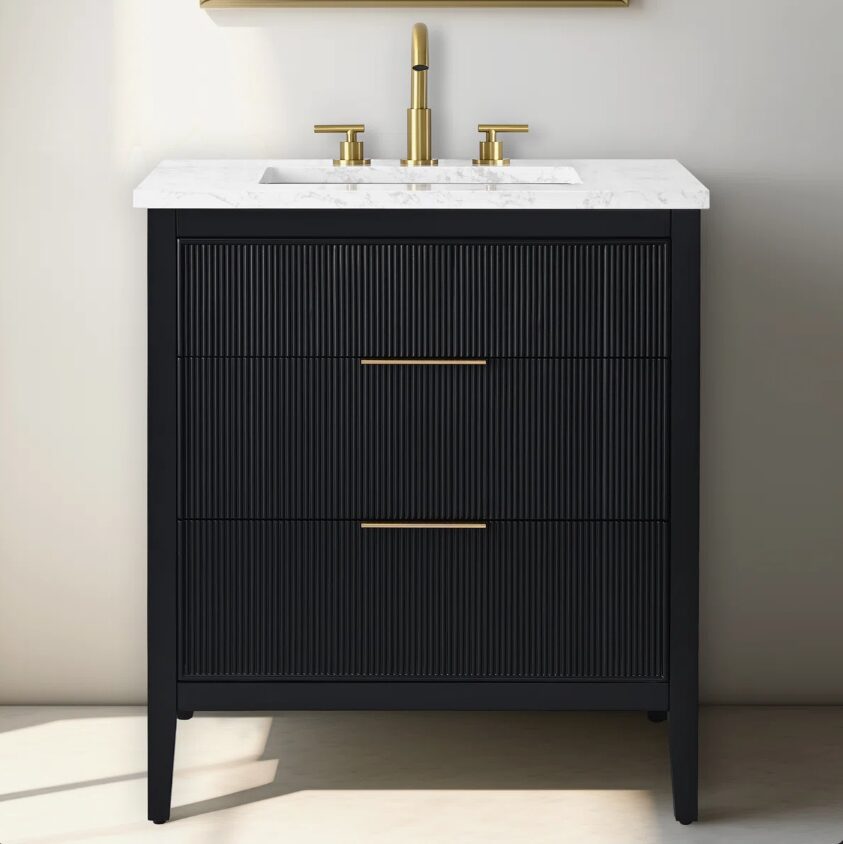 2 Modern Fluted Bathroom Vanity with Gold Handles & Marble Top