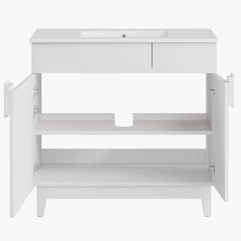 Minimalist White Single Sink Vanity Cabinet with 2 Doors & Dual Top Storage Drawers
