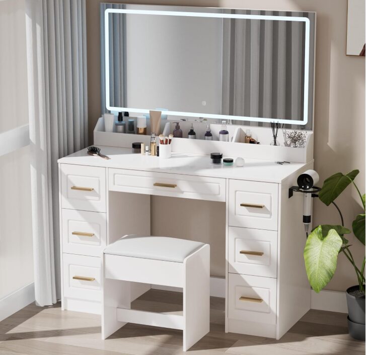2 White LED Makeup Vanity Table with 7 Drawers & Stool