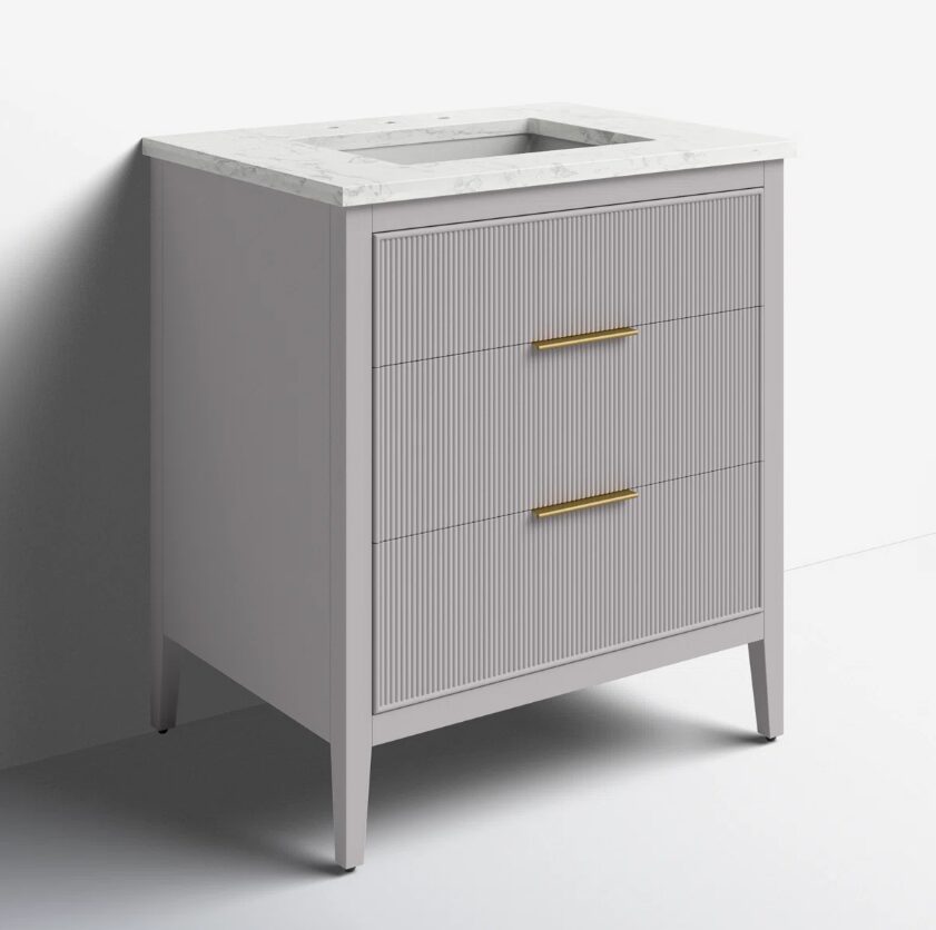 3 Soft Grey Reeded Bath Vanity with Brushed Gold Pull Handles