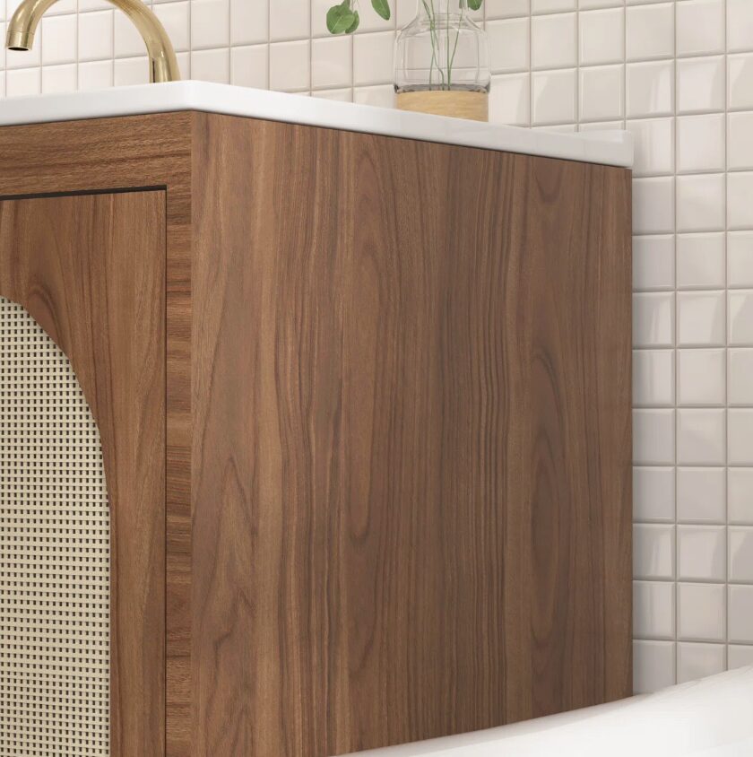 3 30 Inch Walnut Mid-Century Rattan Single Sink Bathroom Vanity with Gold Knobs