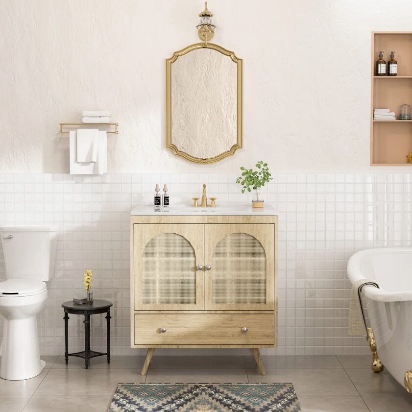 3 Arched Rattan Door Mid-Century Modern Bathroom Vanity Cabinet