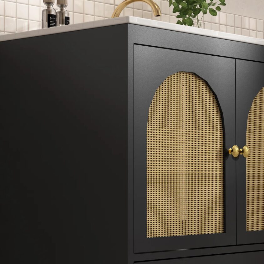 3 30 Inch Black Mid-Century Rattan Freestanding Single Sink Bathroom Vanity with Gold Knobs