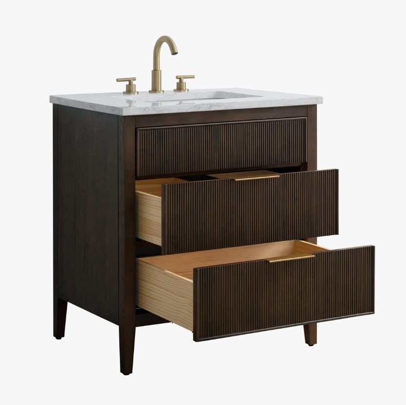 Fluted Walnut Vanity Cabinet with Marble Countertop